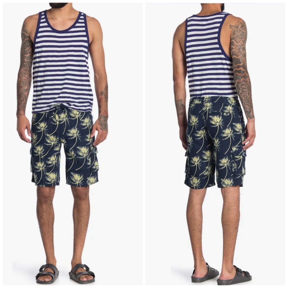Onia NWT Linen Tom Cargo Short Navy Blue Palm  Trees‎ Hawaiian Print Size XLarge